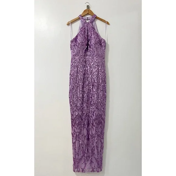 Bariano Australia Lavender Sequin Halter Neck Maxi Gown Formal Evening Dress 10 - Picture 2 of 11